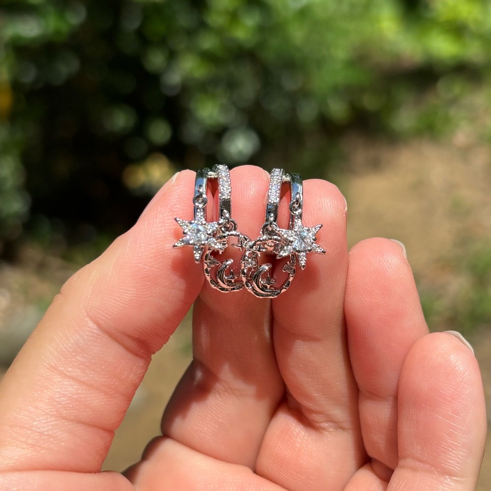 18K White Gold Plated Stainless Steel Star & Moon Diamond Hoop Earrings